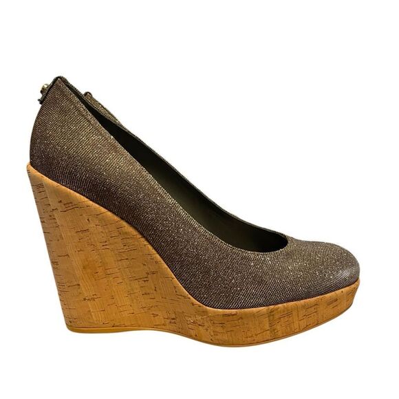 Stuart Weitzman Silver/Gold Glitter Lurex Fabric Cork Wedge Platform Pumps 10 - Picture 5 of 6